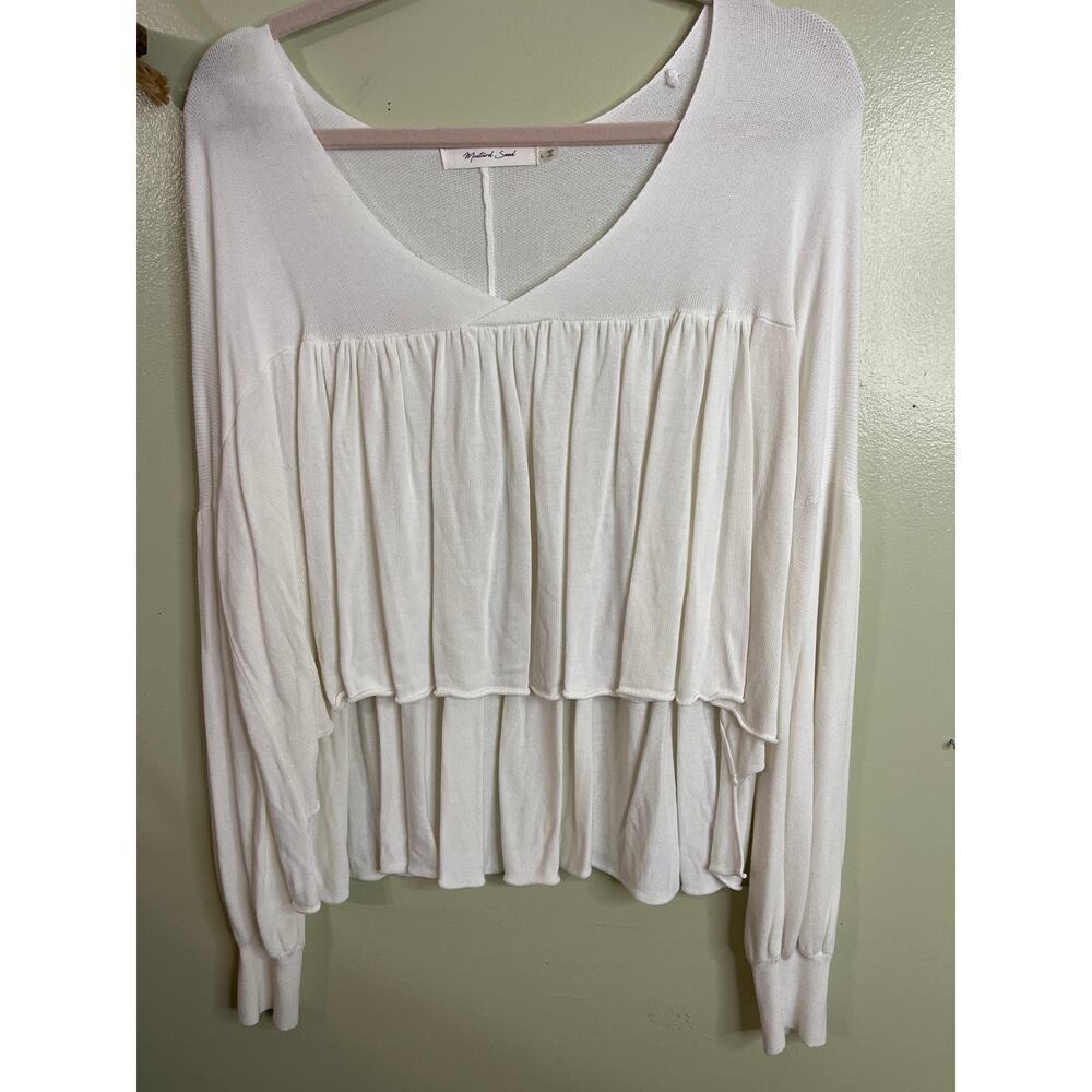 mustard seed white v-neck high low cropped flowy oversized sweater, size large
